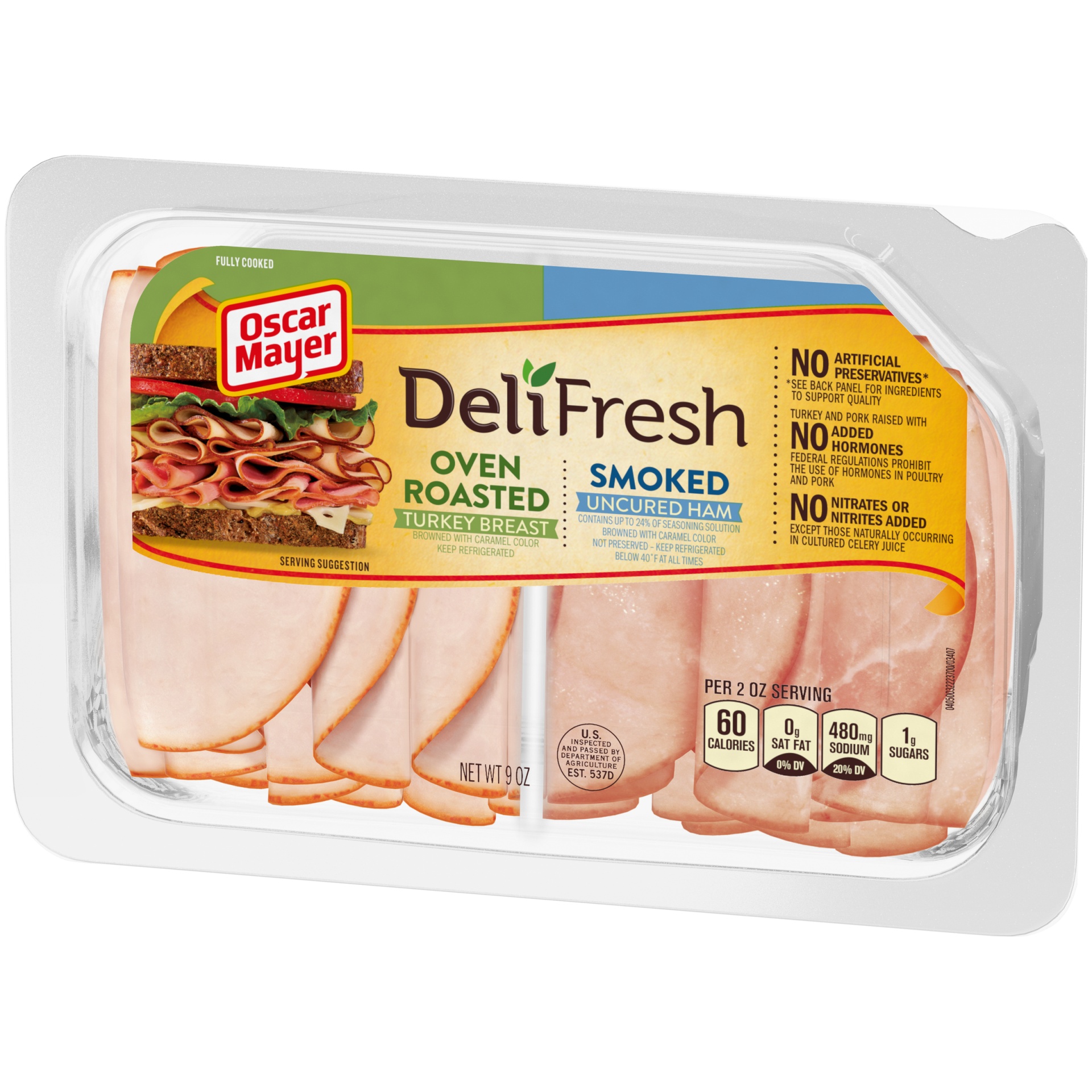 slide 3 of 6, Oscar Mayer Deli Fresh Oven Roasted Turkey Breast & Smoked Uncured Ham Sliced Lunch Meat Variety Pack Tray, 9 oz