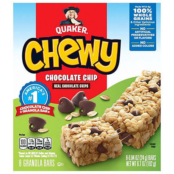 slide 1 of 1, Quaker Chewy Granola Bars Chocolate Chip - 8-0.84 Oz, 6.72 oz