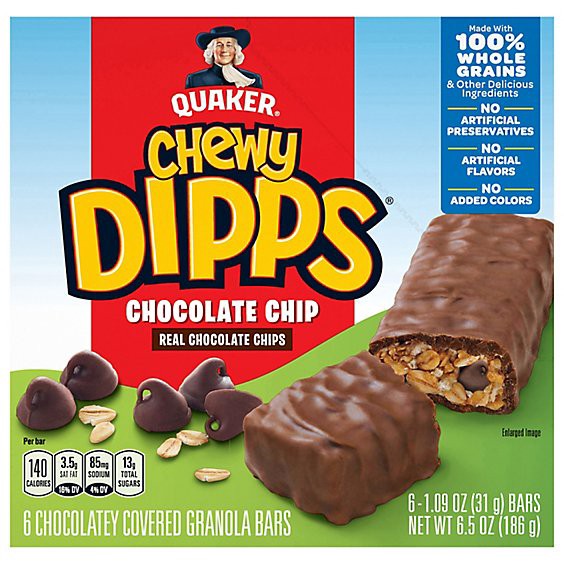 slide 1 of 8, Quaker Chewy Dipps Granola Bars Chocolatey Covered Chocolate Chip - 6-1.09 Oz, 6 ct