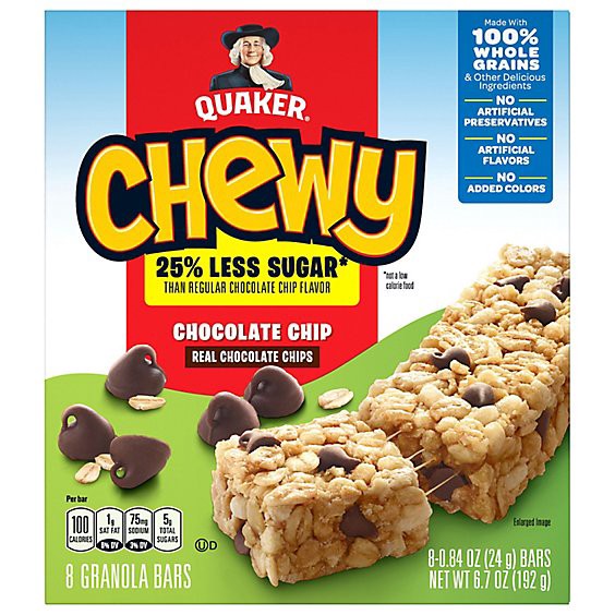 slide 1 of 1, Quaker Chewy Granola Bars 25% Less Sugar Chocolate Chip - 8-0.84 Oz, 8 ct