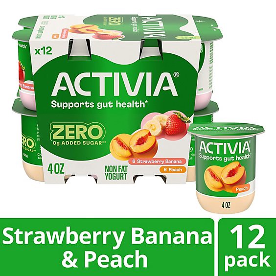 slide 1 of 14, Activia 60 Calories Probiotic Strawberry Banana And Peach Variety Pack Nonfat Yogurt 12-4 Oz, 48 oz