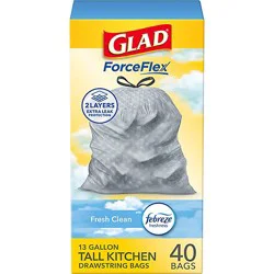 Glad Forceflex Tall Kitchen Drawstring Trash Bags 13 Gallon Gain Fresh Clean With Febreze - 40 Count