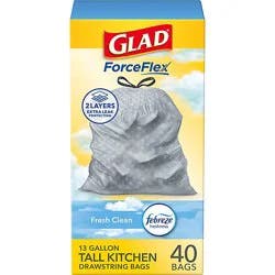 Glad Forceflex Tall Kitchen Drawstring Trash Bags 13 Gallon Gain Fresh Clean With Febreze - 40 Count