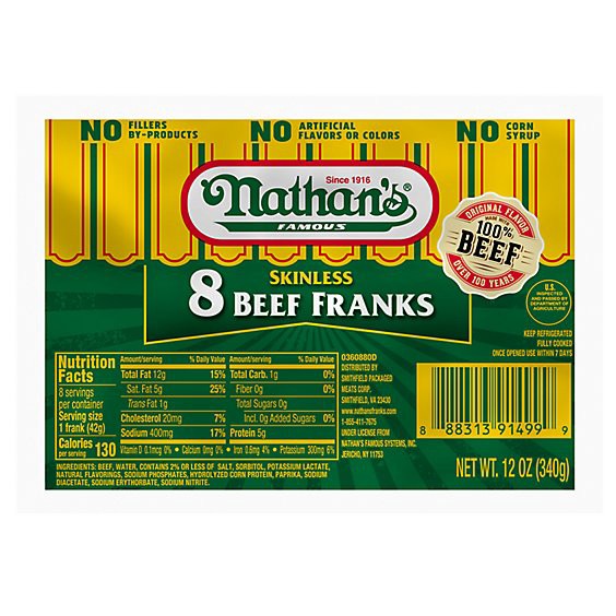 slide 1 of 1, Nathan's Famous Skinless Beef Hot Dogs - 12 Oz, 12 oz