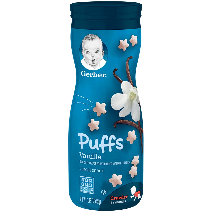 slide 2 of 7, Gerber Snacks for Baby Grain & Grow Puffs, Vanilla, 1.48 oz Canister, 1.48 oz
