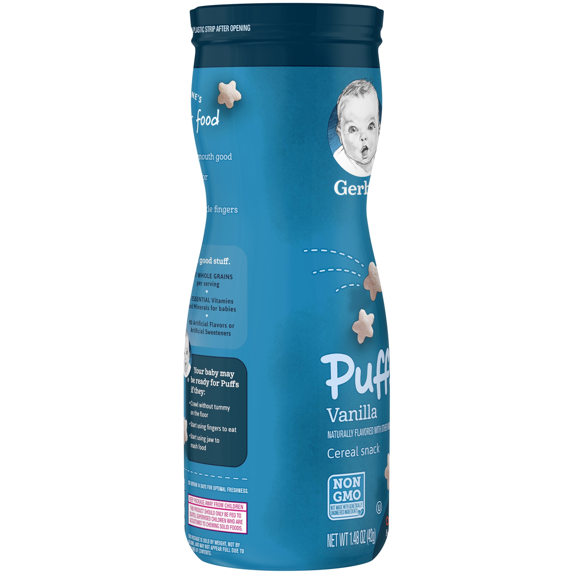 slide 3 of 7, Gerber Snacks for Baby Grain & Grow Puffs, Vanilla, 1.48 oz Canister, 1.48 oz