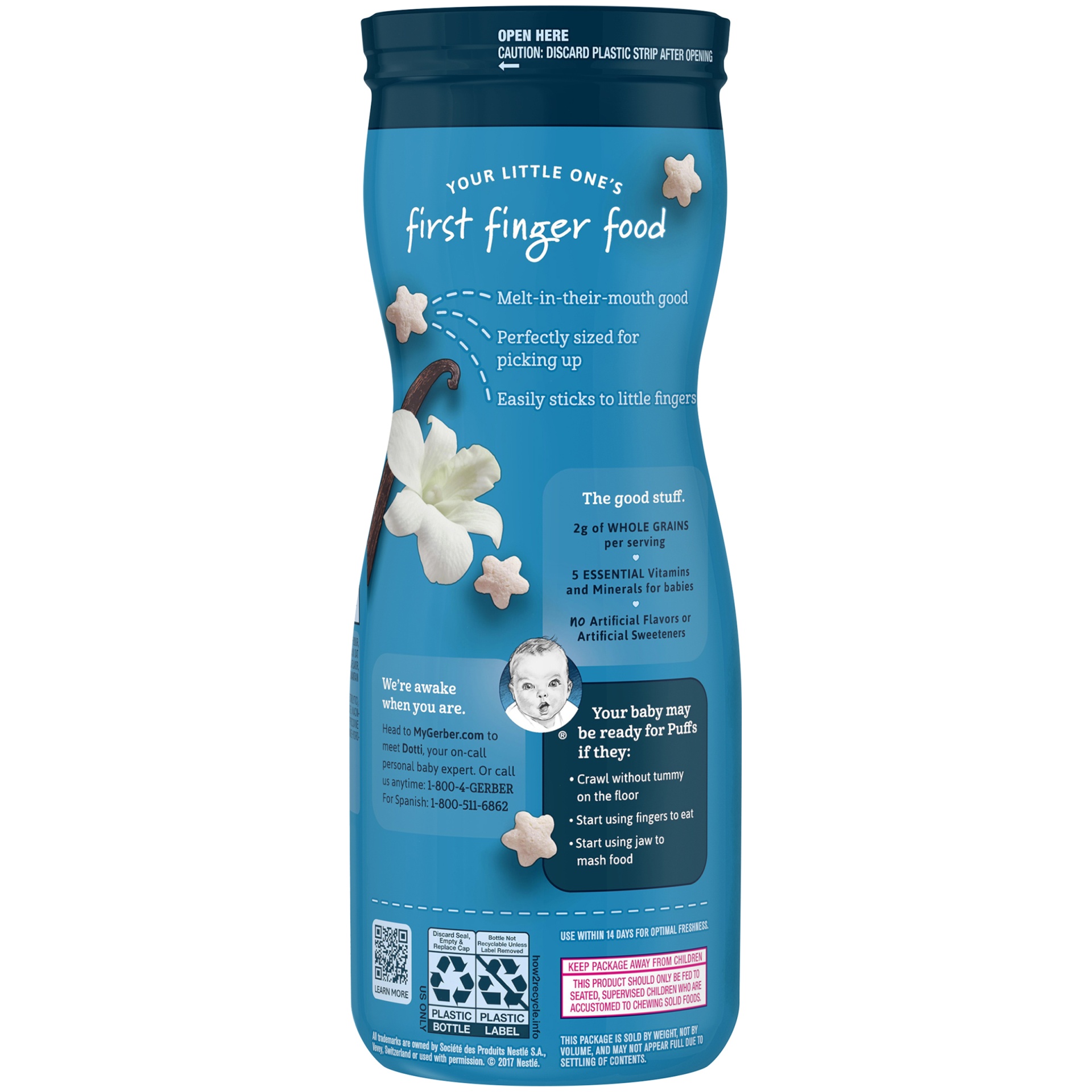 slide 5 of 7, Gerber Snacks for Baby Grain & Grow Puffs, Vanilla, 1.48 oz Canister, 1.48 oz