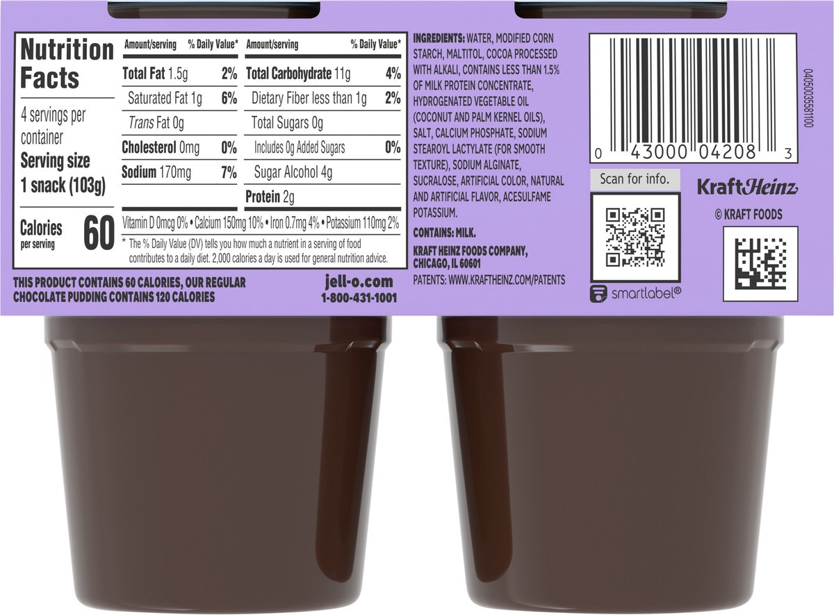 slide 8 of 13, Jell-O Chocolate Zero Sugar Ready-To-Eat Pudding Snack - 4 Count, 4 ct; 3.62o