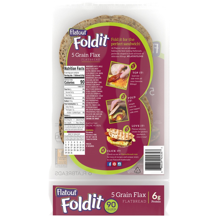 slide 2 of 4, Flatout Foldit 5 Grain Flax Flatbread 6 ct Bag, 6 ct