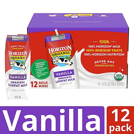 slide 1 of 8, Horizon Organic Shelf-Stable 1% Lowfat Vanilla Milk Boxes - 12-8 Fl. Oz., 12 ct; 8 fl oz