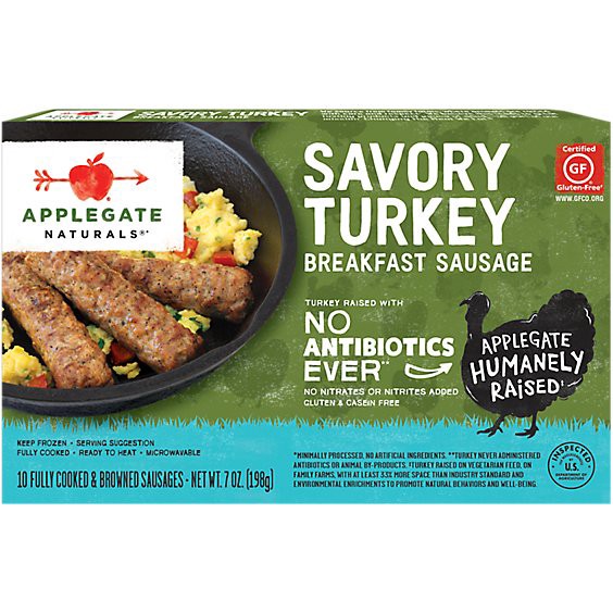 slide 1 of 1, Applegate Natural Savory Turkey Breakfast Sausage Frozen - 7oz, 7 oz