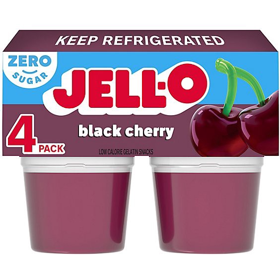 slide 1 of 8, Jell-O Black Cherry Artificially Flavored Zero Sugar Ready-To-Eat Gelatin Snack - 4 Count, 4 ct; 3.12o