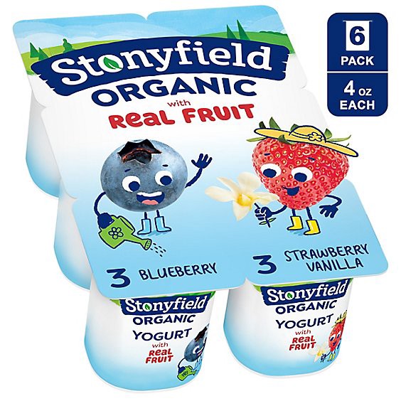 slide 1 of 1, Stonyfield Organic Kids Strawberry Vanilla & Blueberry Lowfat Yogurt Cups - 6-4 Oz, 24 oz