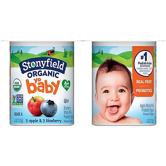 slide 1 of 1, Stonyfield Organic Yobaby Apple & Blueberry Whole Milk Baby Yogurt With Probiotics Cups - 6-4 Oz, 6 ct; 4 oz