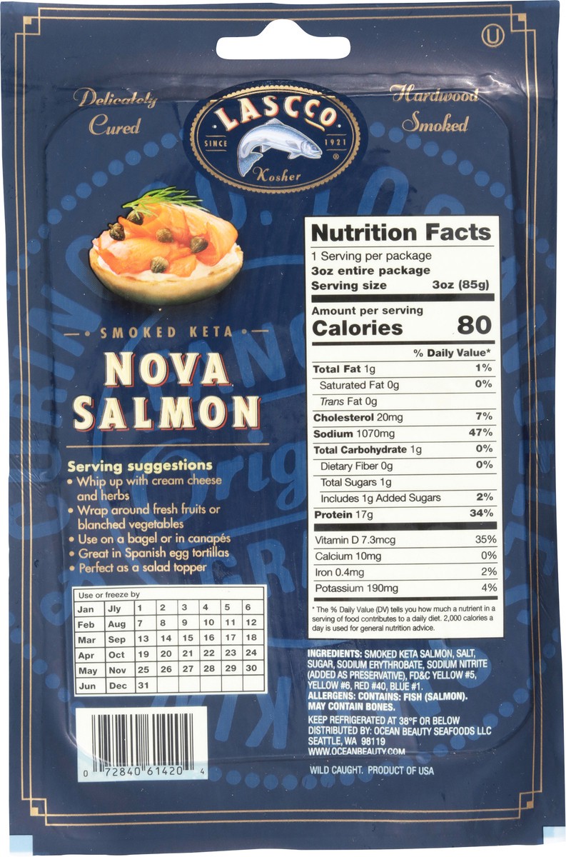 slide 13 of 13, Lascco Wild Caught Keta Nova Salmon - 3 Oz, 3 oz