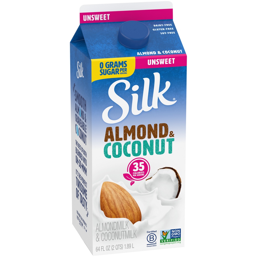 slide 5 of 8, Silk Almond Coconut Milk, Unsweet, Dairy Free, Gluten Free, Seriously Creamy Vegan Milk with 50% More Calcium than Dairy Milk, 64 FL OZ Half Gallon, 64 fl oz