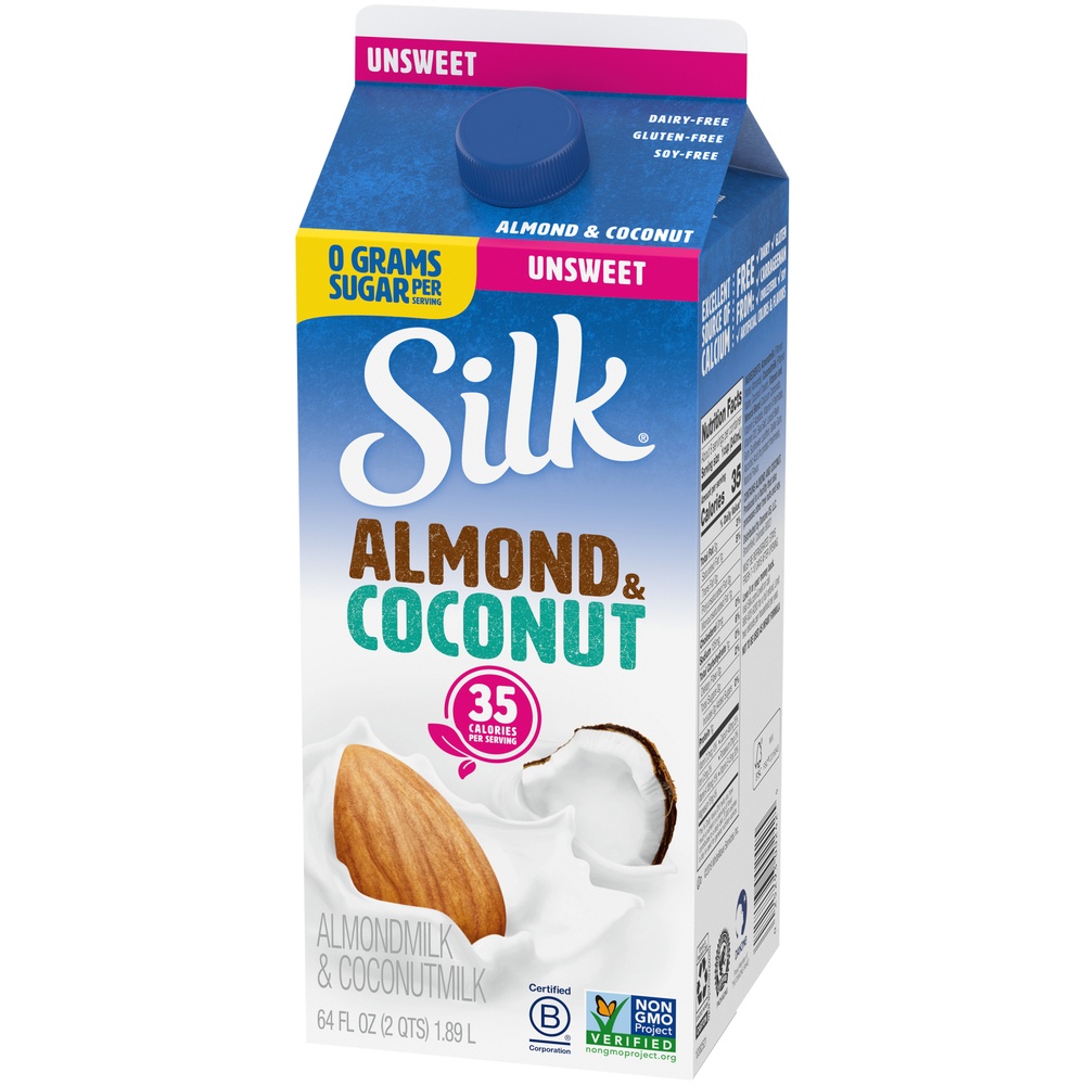 slide 6 of 8, Silk Almond Coconut Milk, Unsweet, Dairy Free, Gluten Free, Seriously Creamy Vegan Milk with 50% More Calcium than Dairy Milk, 64 FL OZ Half Gallon, 64 fl oz