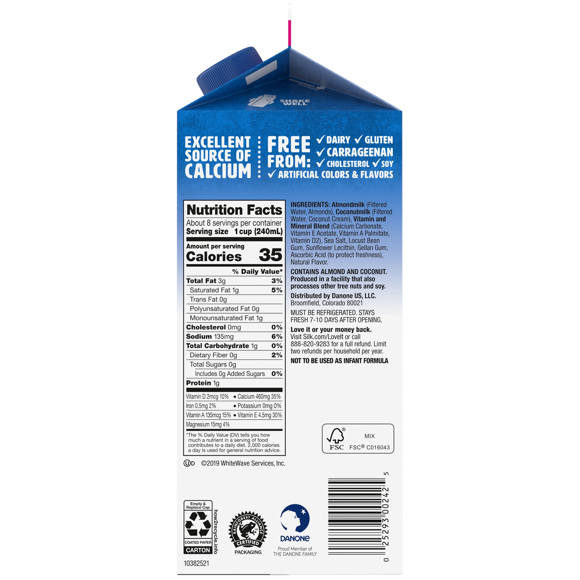 slide 8 of 8, Silk Almond Coconut Milk, Unsweet, Dairy Free, Gluten Free, Seriously Creamy Vegan Milk with 50% More Calcium than Dairy Milk, 64 FL OZ Half Gallon, 64 fl oz