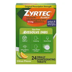 Zyrtec Allergy Antihistamine Dissolve Tabs Original Prescription Strength 10 Mg Citrus - 24 Count