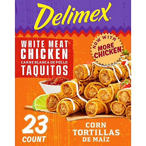 slide 1 of 6, Delimex White Meat Chicken Corn Taquitos Frozen Snacks Box - 23 Count, 23 ct