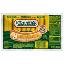 Nathan's Famous Skinless Bun Length All Beef Hot Dogs 8 Count - 12 Oz
