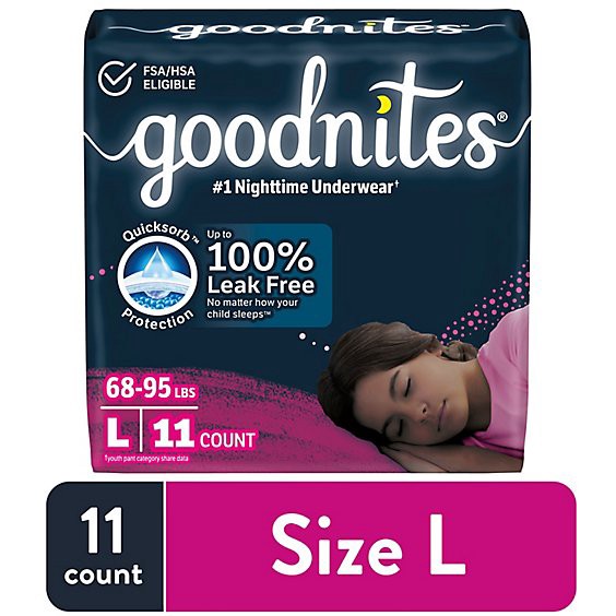 slide 1 of 1, Goodnites Girls' Nighttime Bedwetting Underwear Size Large (68-95 Lbs) - 11 Count, 11 ct
