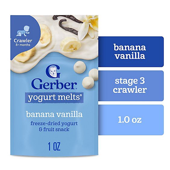 slide 1 of 12, Gerber Yogurt Melts Banana Vanilla Freeze Dried Yogurt Snacks Bag For Baby - 1 Oz, 1 oz