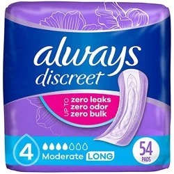 Always Discreet Moderate Long Incontinence Pads Up To 100% Leak Free - 54 Count