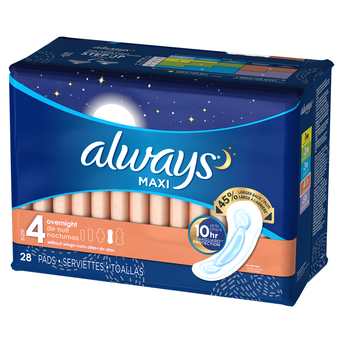 slide 2 of 8, Always Maxi Overnight Pads with Wings, Size 4, Overnight, Unscented, 28 Count, 28 ct