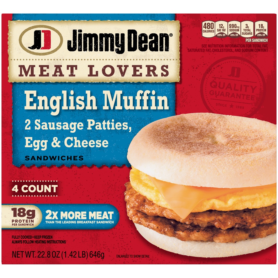 slide 2 of 6, Jimmy Dean Meat Lovers English Muffin Breakfast Sandwiches with Two Sausage Patties, Egg, and Cheese, Frozen, 4 Count, 