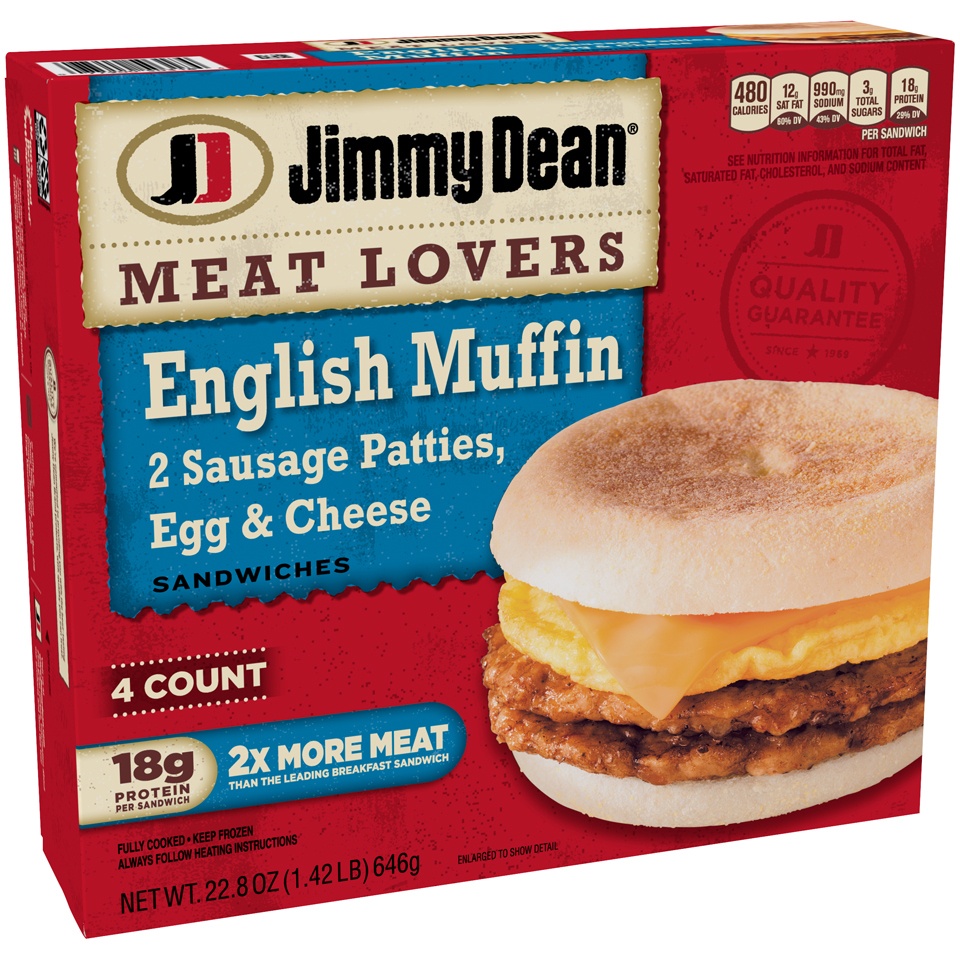 slide 3 of 6, Jimmy Dean Meat Lovers English Muffin Breakfast Sandwiches with Two Sausage Patties, Egg, and Cheese, Frozen, 4 Count, 