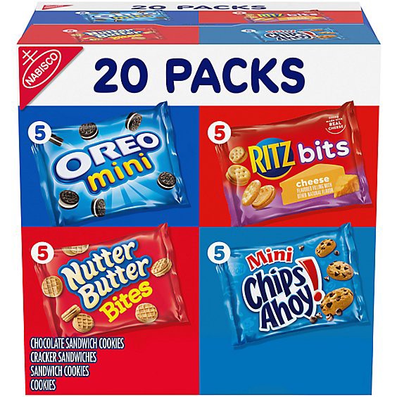 slide 1 of 3, Nabisco Classic Mix Variety Pack, Oreo, Chips Ahoy!, Nutter Butter Bites, Ritz Bits Snack Packs - 20 Count, 20 oz