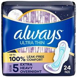 Always Ultra Thin Pads Size 5 Extra Heavy Overnight Absorbency Unscented With Wings - 24 Count