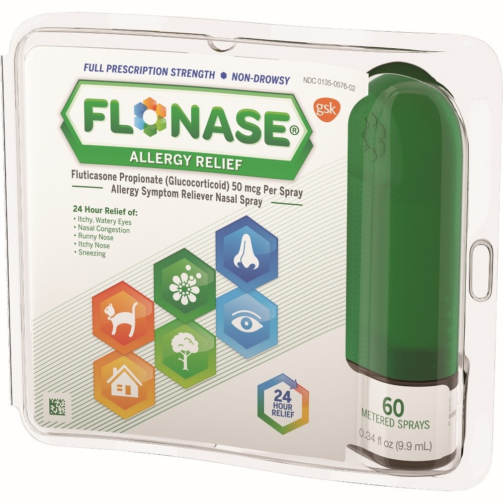 slide 5 of 5, Flonase Allergy Relief Nasal Spray, 24 Hour Non Drowsy Allergy Medicine, 60 Metered Nasal Sprays, 0.34 oz