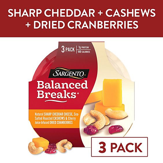slide 1 of 8, Sargento Balanced Breaks Sharp Cheddar Cheese Cashews Cherry Infused Dried Cranberries - 3-1.5 Oz, 3 ct; 1.5 oz