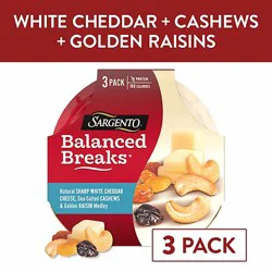 Sargento Balanced Breaks Sharp White Cheddar Cheese Roasted Cashews Raisins - 3-1.5 Oz