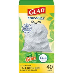 Glad Forceflex With Febreze Gain Tall Kitchen Drawstring Trash Bags 13 Gallon - 40 Count
