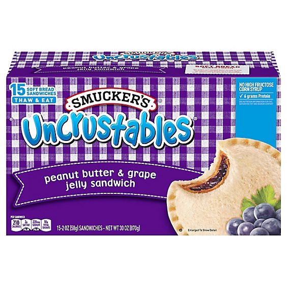 slide 1 of 6, Smuckers Uncrustables Sandwich Peanut Butter & Grape Jelly - 15-2 Oz., 15 ct; 2 oz