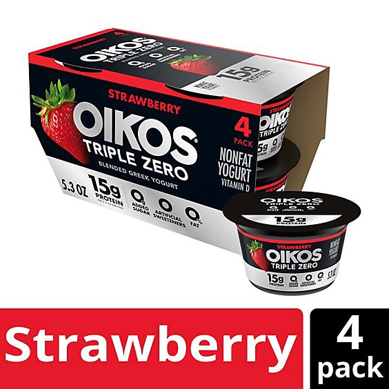 slide 1 of 3, Oikos Triple Zero Strawberry Greek Yogurt - 4-5.3 Oz, 4 ct; 5.3 oz