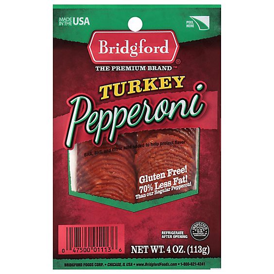 slide 1 of 3, Bridgford Pepperoni Turkey 70% Less Fat - 4 Oz, 4 oz