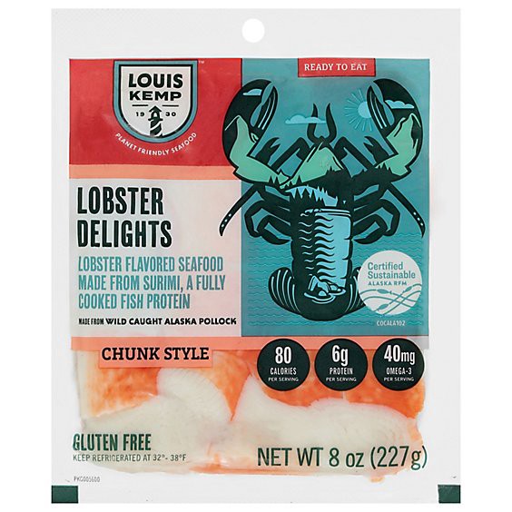 slide 1 of 1, Louis Kemp Lobster Delights Imitation Lobster Meat Chunk Style Fat Free - 8 Oz, 8 oz