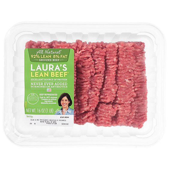 slide 1 of 1, Lauras Beef Ground Beef 92% Lean 8% Fat - 16 Oz, per lb