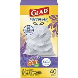 Glad Forceflex Tall Kitchen Trash Bags - Gain Lavender With Febreze 40 Count - 13 Gallon