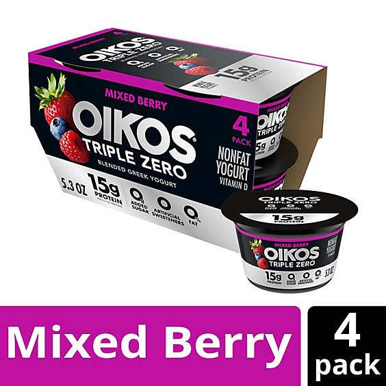 slide 1 of 13, Oikos Triple Zero Mixed Berry Greek Yogurt Multipack - 4-5.3 Oz, 21.2 oz