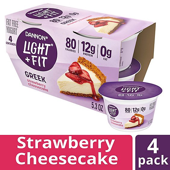 slide 1 of 3, Light + Fit Nonfat Gluten-Free Strawberry Cheesecake Greek Yogurt Multipack - 4-5.3 Oz, 4 ct; 5.3 oz