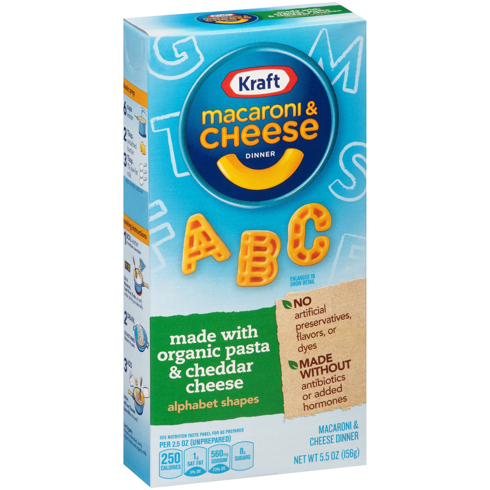 slide 7 of 11, Kraft Macaroni & Cheese Dinner with Organic Pasta Alaphabet Shapes & Cheddar Cheese, 5.5 oz