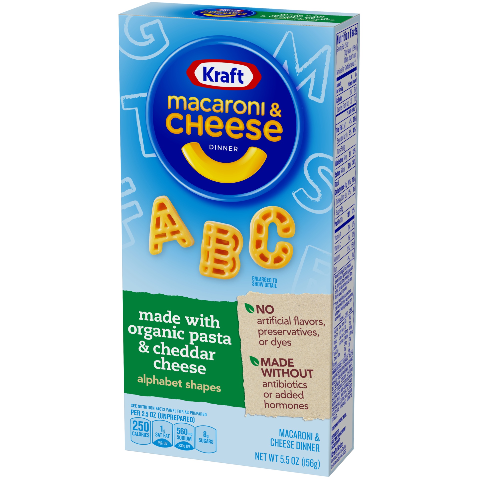 slide 8 of 11, Kraft Macaroni & Cheese Dinner with Organic Pasta Alaphabet Shapes & Cheddar Cheese, 5.5 oz