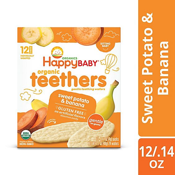 slide 1 of 13, Happy Baby Organics Teether Crackers Sweet Potato & Banana - 12-0.14 Oz, 12 ct; 0.14 oz