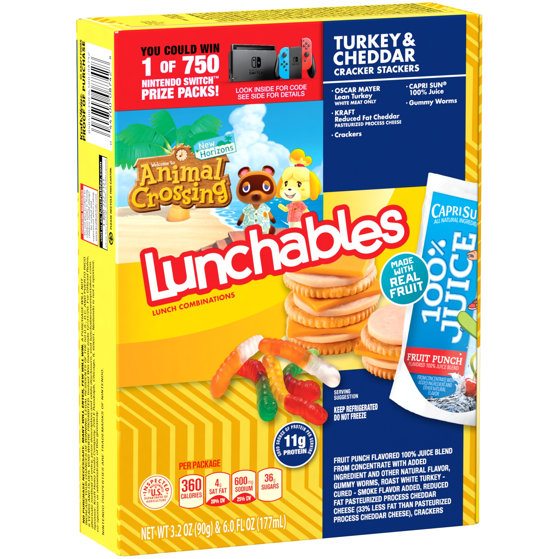 slide 2 of 6, Lunchables Turkey and Reduced Fat Cheddar Cracker Stackers with Gummy Worms and Capri Sun 100% Juice Fruit Punch, 9.2 oz Box, 