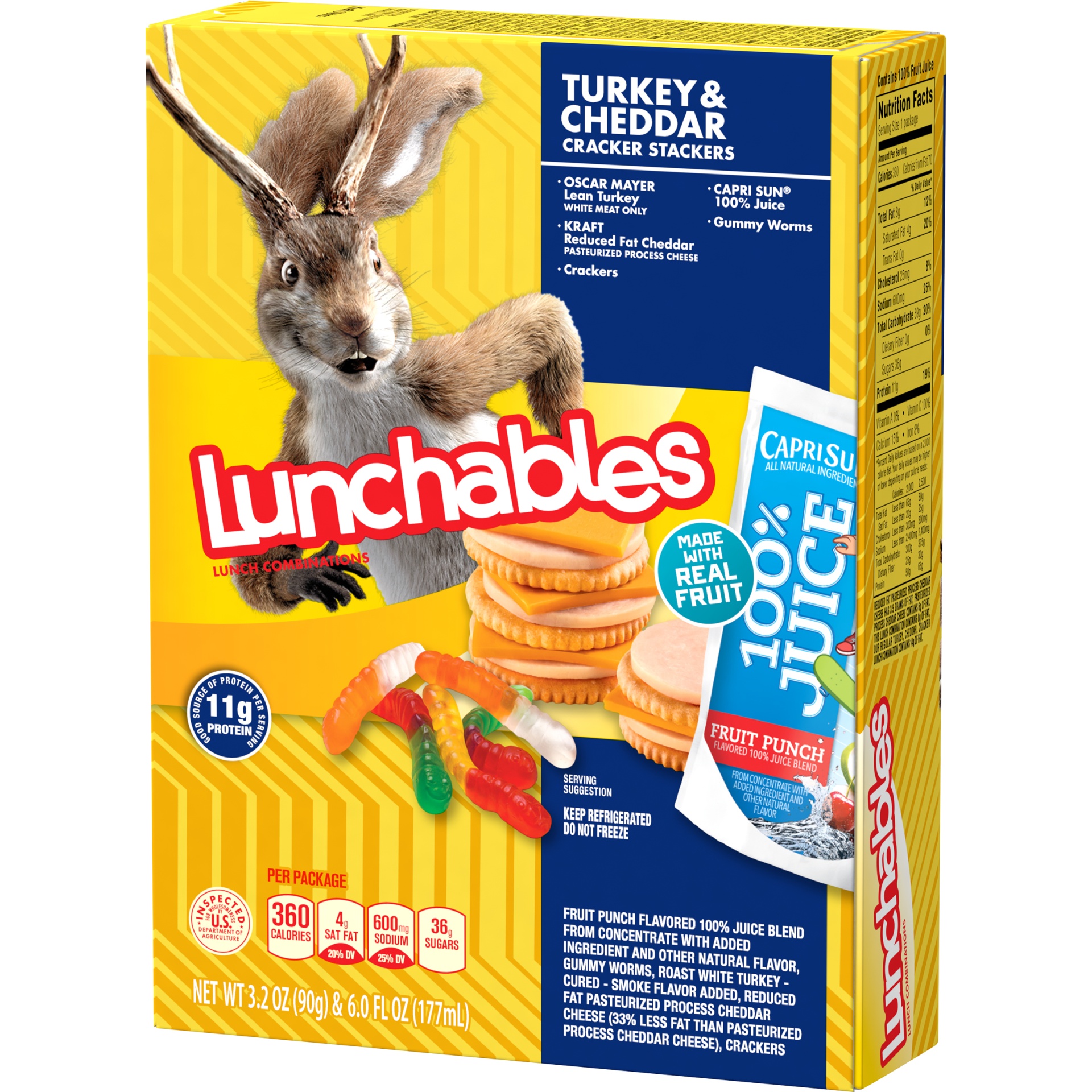 slide 3 of 6, Lunchables Turkey and Reduced Fat Cheddar Cracker Stackers with Gummy Worms and Capri Sun 100% Juice Fruit Punch, 9.2 oz Box, 